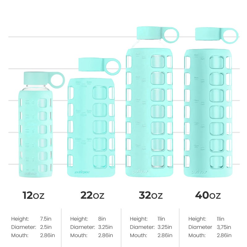 purifyou 40oz / 32oz / 22oz / 12oz Borosilicate Glass Water Bottle with Time & Volume Markers, Silicone Sleeve, Stainless Steel Lid | Reusable Glass Bottle for Water & Juice (22oz Glow-in-the-Dark) - Image 4